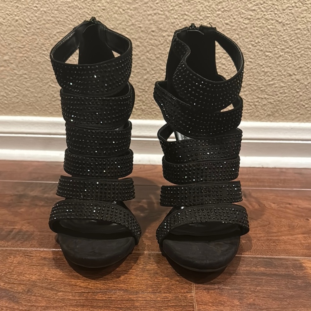 Black Strappy Heels with Rhinestones